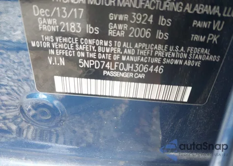 2018 Hyundai Elantra Se z USA, uszkodzony, nr VIN 5NPD74LF0JH306446